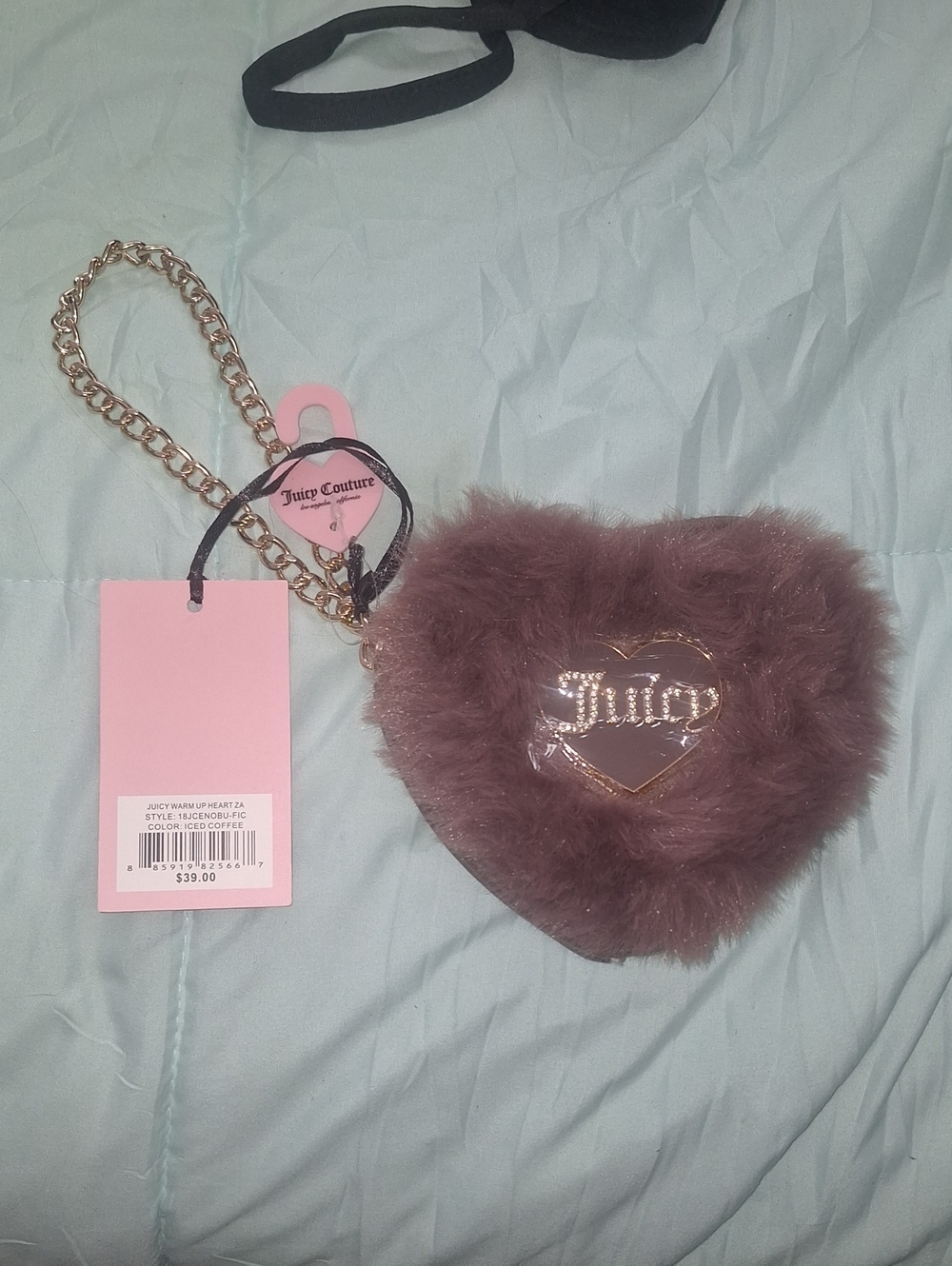 Juicy Couture Dusty Mauve Fuzzy Heart Clutch with Gold Chain